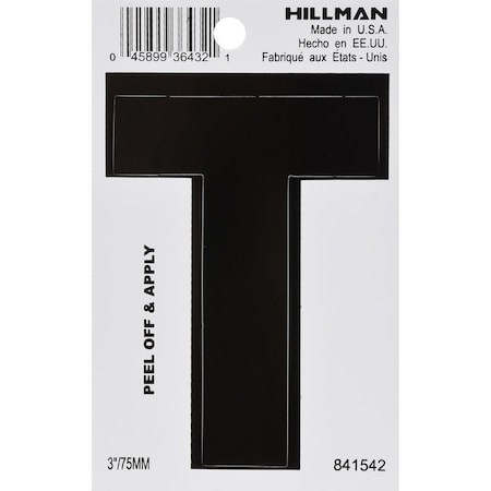 3 In. Black Vinyl Self-Adhesive Letter T 1 Pc, 6PK